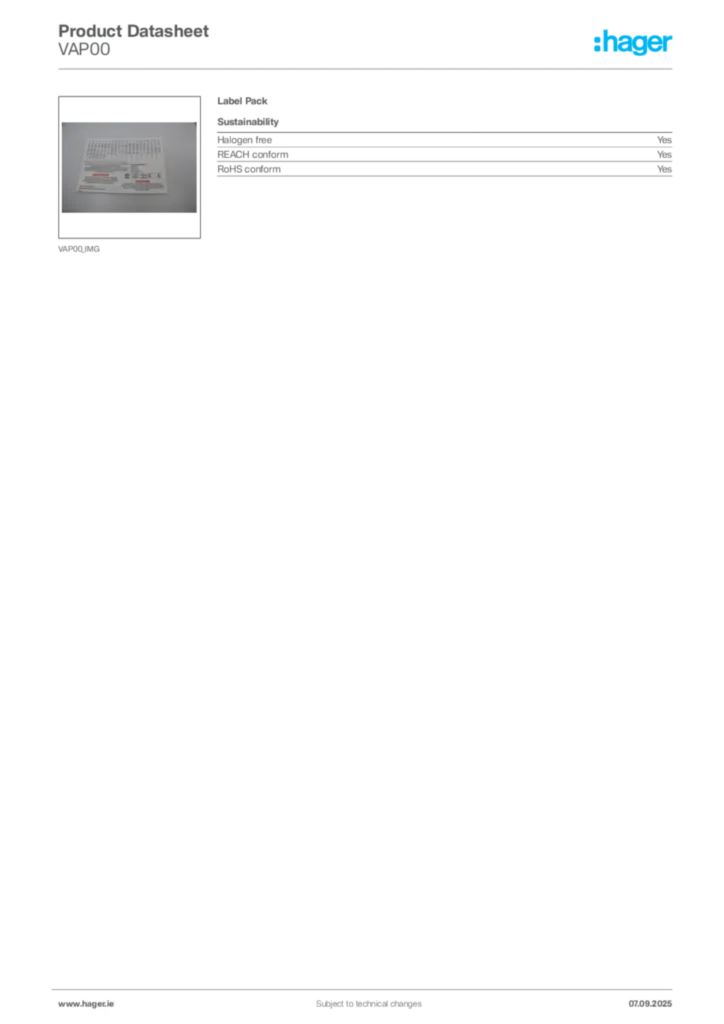 Image Hager Product data sheet VAP00  | Hager
