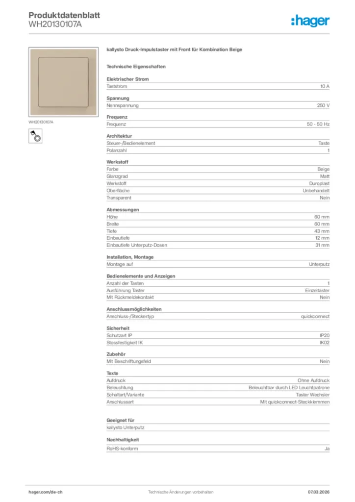 Bild Hager Produktdatenblatt WH20130107A | Hager Schweiz
