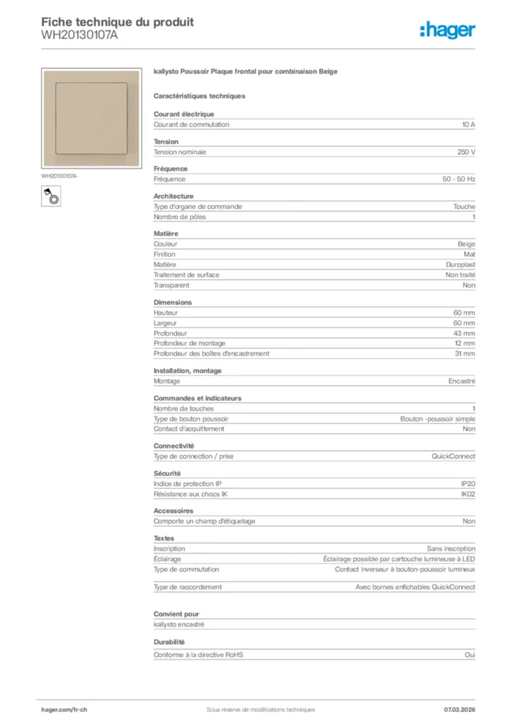 Image Hager Fiche technique du produit WH20130107A | Hager Suisse