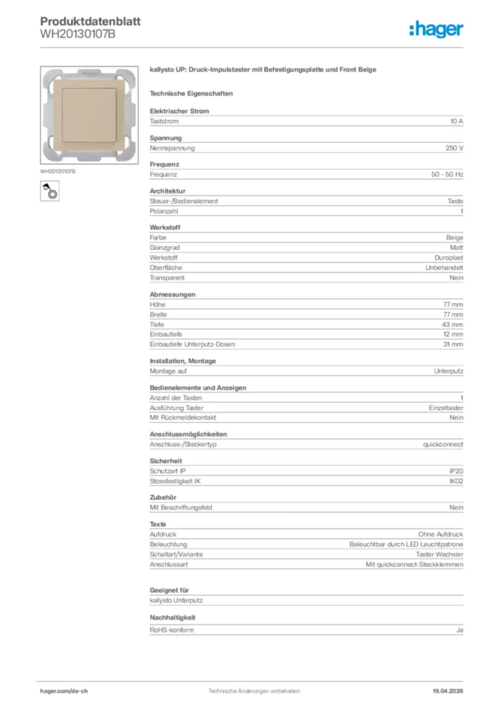 Bild Hager Produktdatenblatt WH20130107B | Hager Schweiz