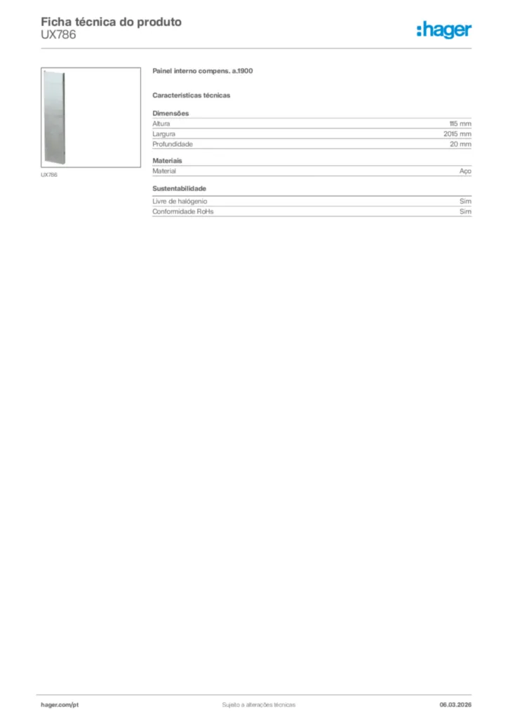 Imagem Hager Ficha técnica do produto UX786 | Hager Portugal