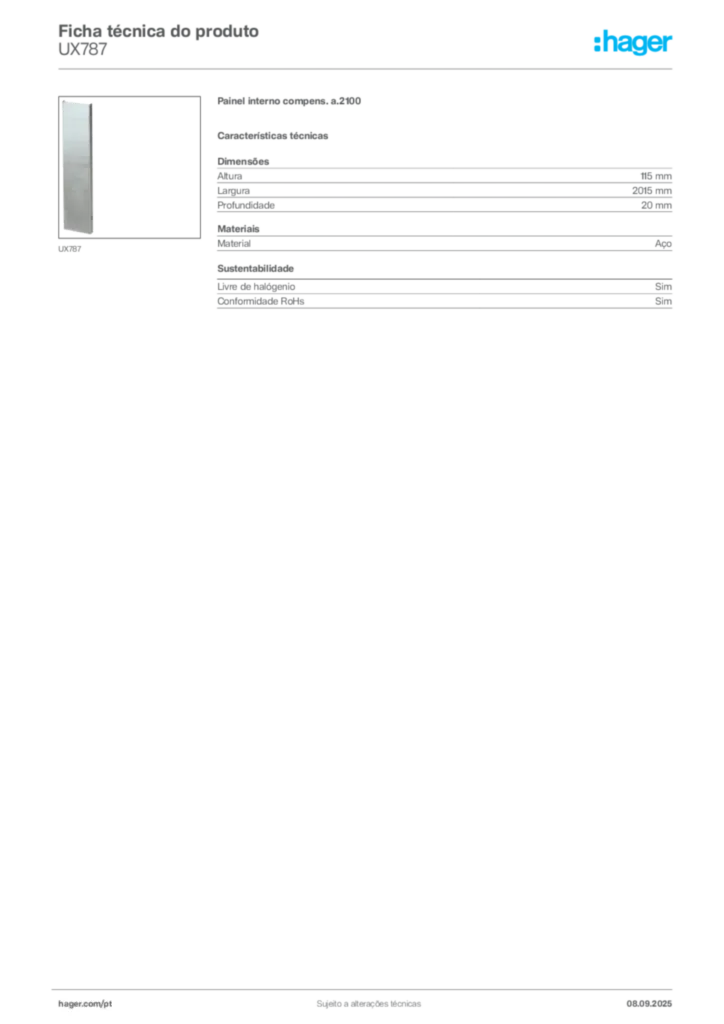 Imagem Hager Ficha técnica do produto UX787 | Hager Portugal