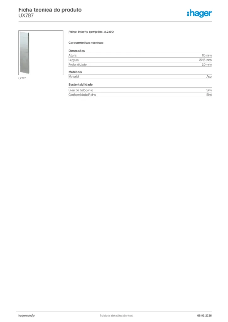 Imagem Hager Ficha técnica do produto UX787 | Hager Portugal