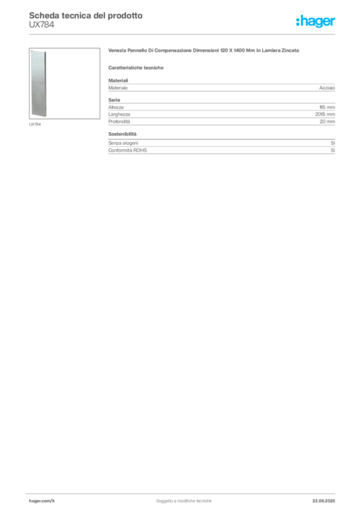 Immagine Hager Scheda tecnica del prodotto UX784 | Hager Italia