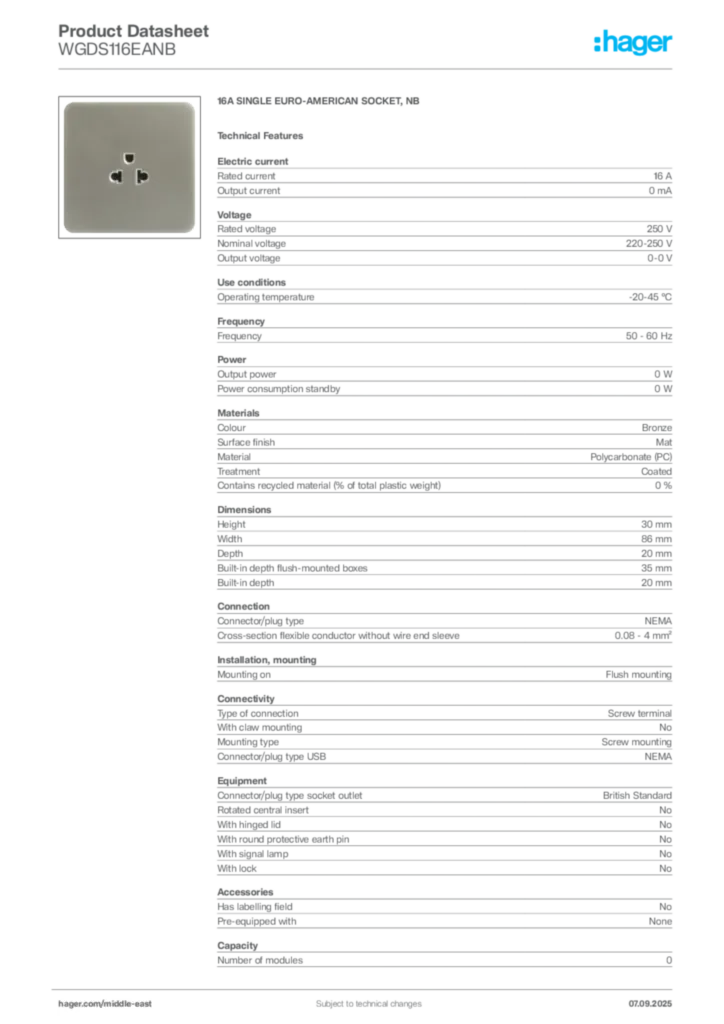 Image Hager Product data sheet WGDS116EANB  | Hager