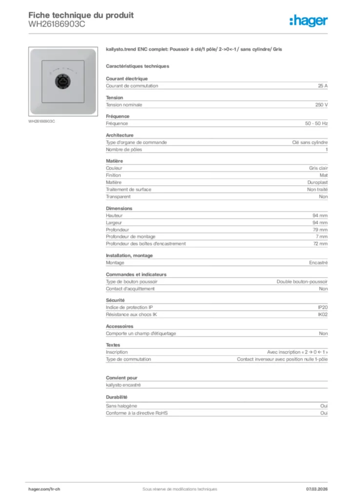 Image Hager Fiche technique du produit WH26186903C | Hager Suisse