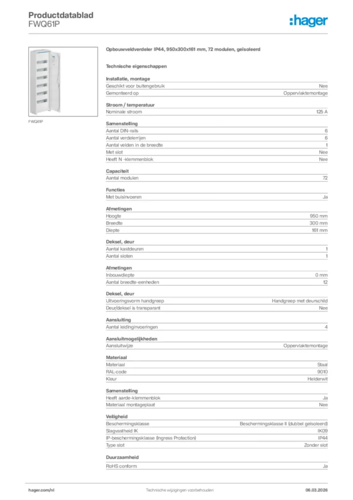 Afbeelding Hager Productdatablad FWQ61P | Hager Nederland