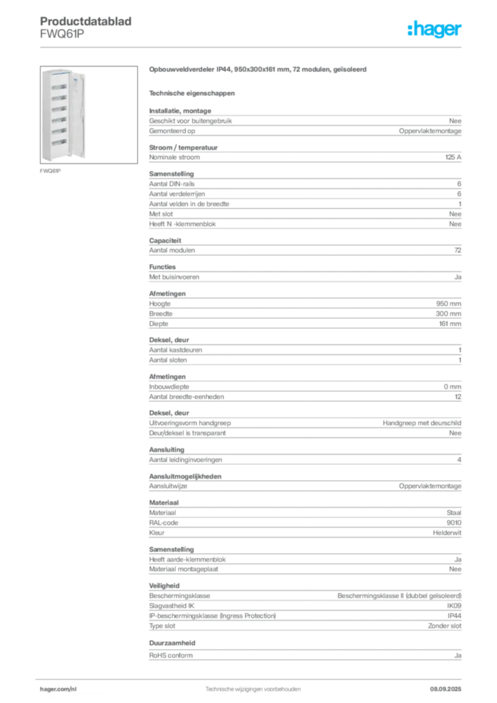 Afbeelding Hager Productdatablad FWQ61P | Hager Nederland