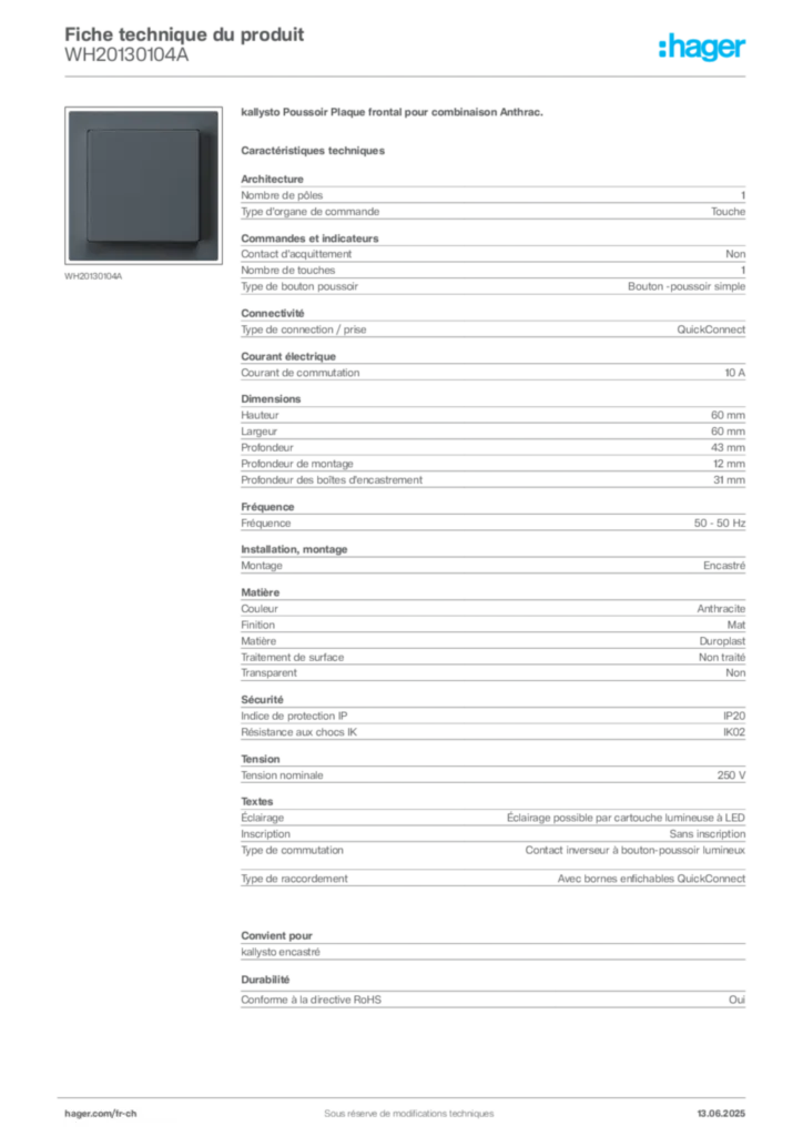 Image Hager Fiche technique du produit WH20130104A | Hager Suisse