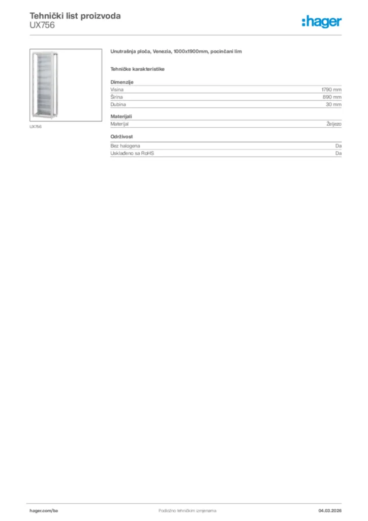 Slika Hager Tehnički list proizvoda UX756  | Hager
