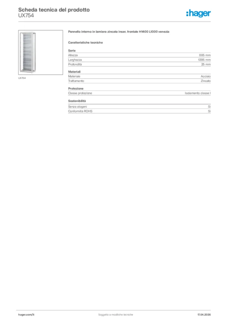 Immagine Hager Scheda tecnica del prodotto UX754 | Hager Italia
