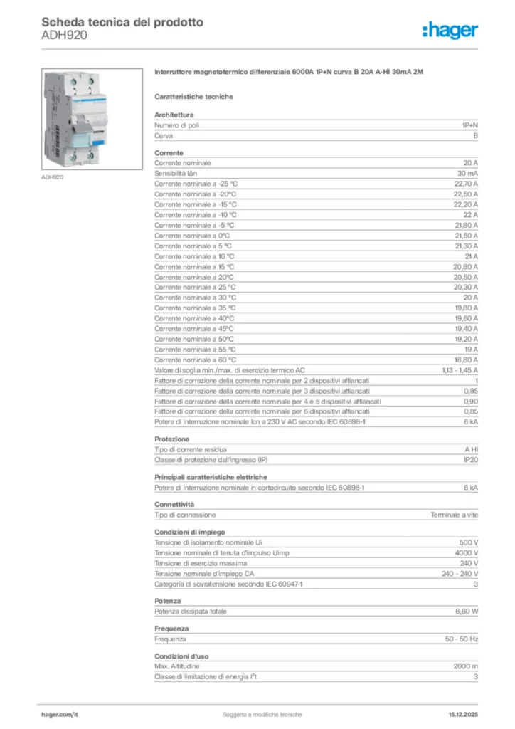 Immagine Hager Scheda tecnica del prodotto ADH920 | Hager Italia