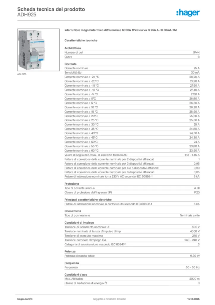 Immagine Hager Scheda tecnica del prodotto ADH925 | Hager Italia