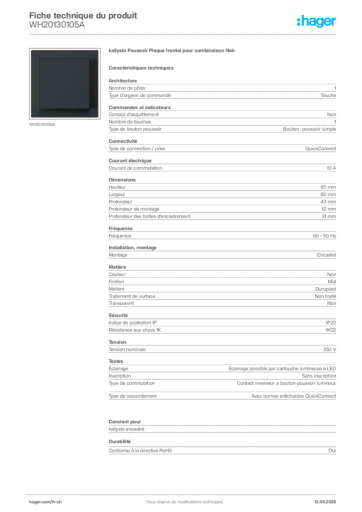 Image Hager Fiche technique du produit WH20130105A | Hager Suisse