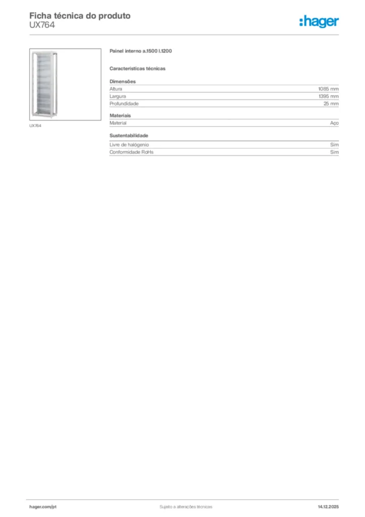 Imagem Hager Ficha técnica do produto UX764 | Hager Portugal