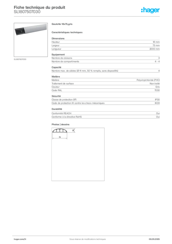 Image Hager Fiche technique du produit SL1807507030 | Hager France