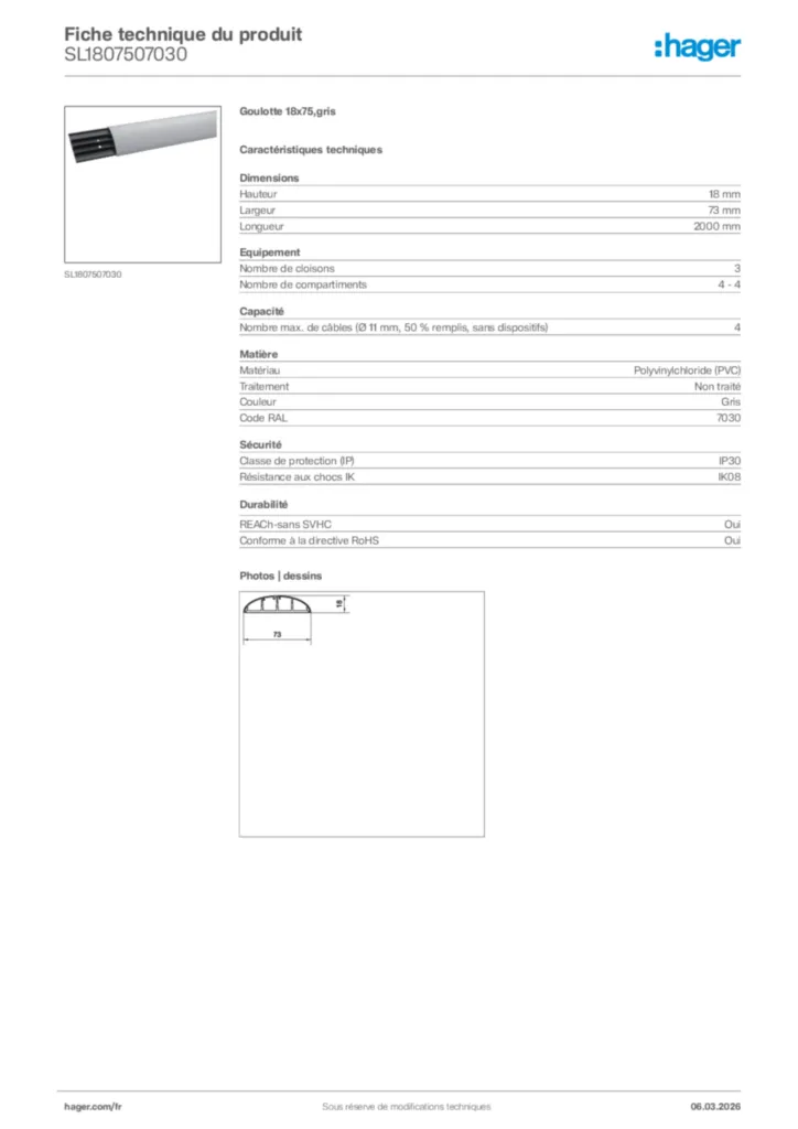 Image Hager Fiche technique du produit SL1807507030 | Hager France