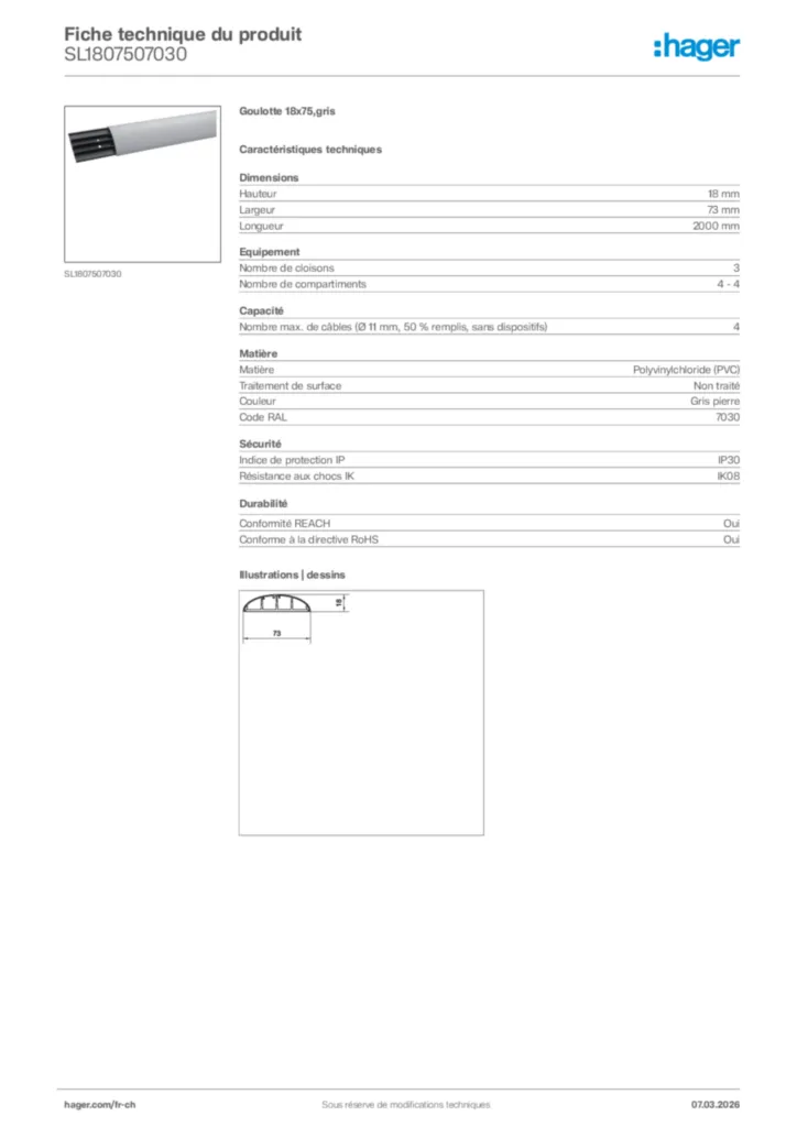 Image Hager Fiche technique du produit SL1807507030 | Hager Suisse