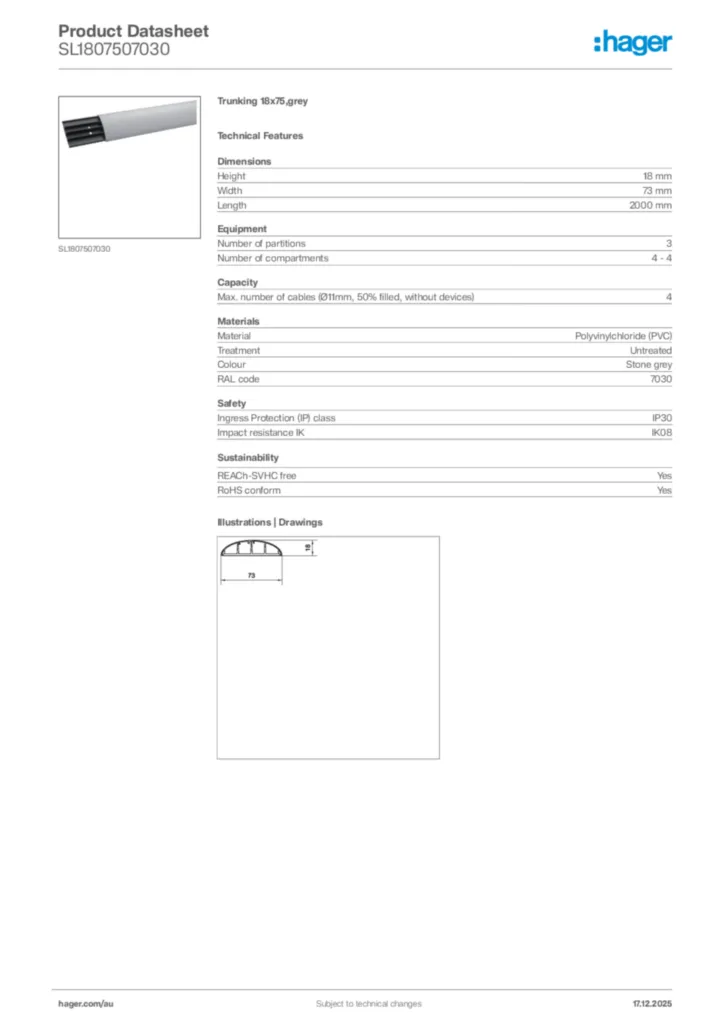 Image Hager Product data sheet SL1807507030  | Hager Australia