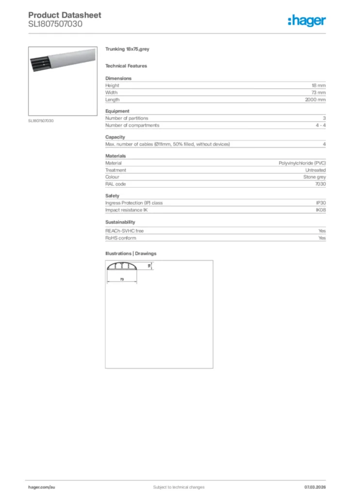 Image Hager Product data sheet SL1807507030  | Hager Australia