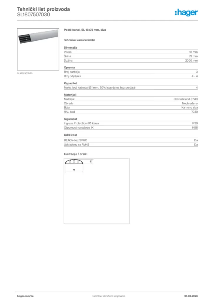 Slika Hager Tehnički list proizvoda SL1807507030  | Hager