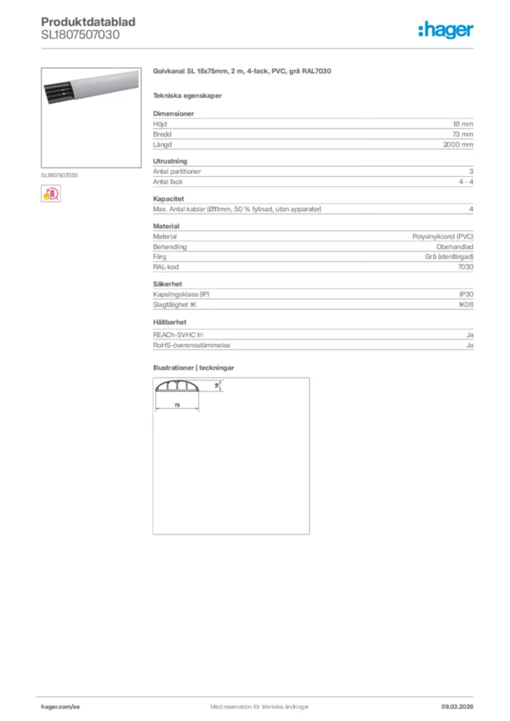 Bild Hager Produktdatablad SL1807507030 | Hager Sverige