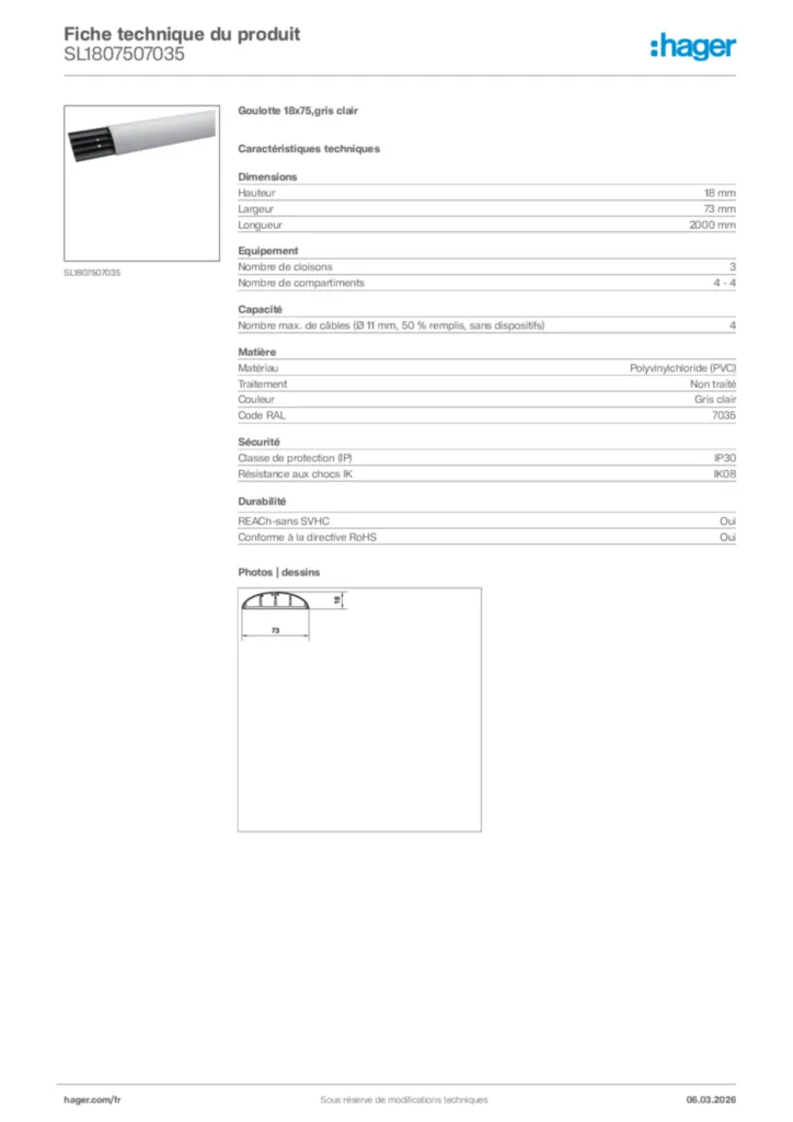 Image Hager Fiche technique du produit SL1807507035 | Hager France