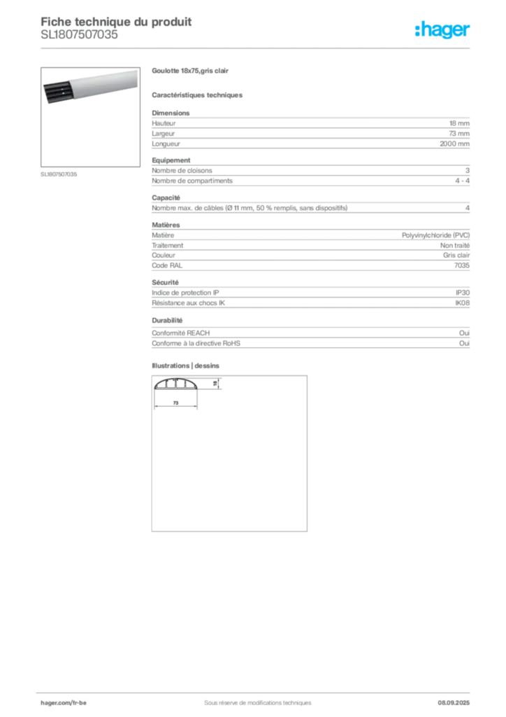 Image Hager Fiche technique du produit SL1807507035 | Hager Belgique