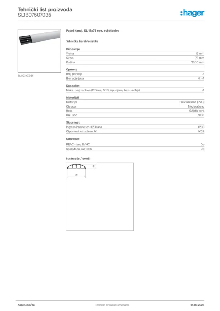 Slika Hager Tehnički list proizvoda SL1807507035  | Hager