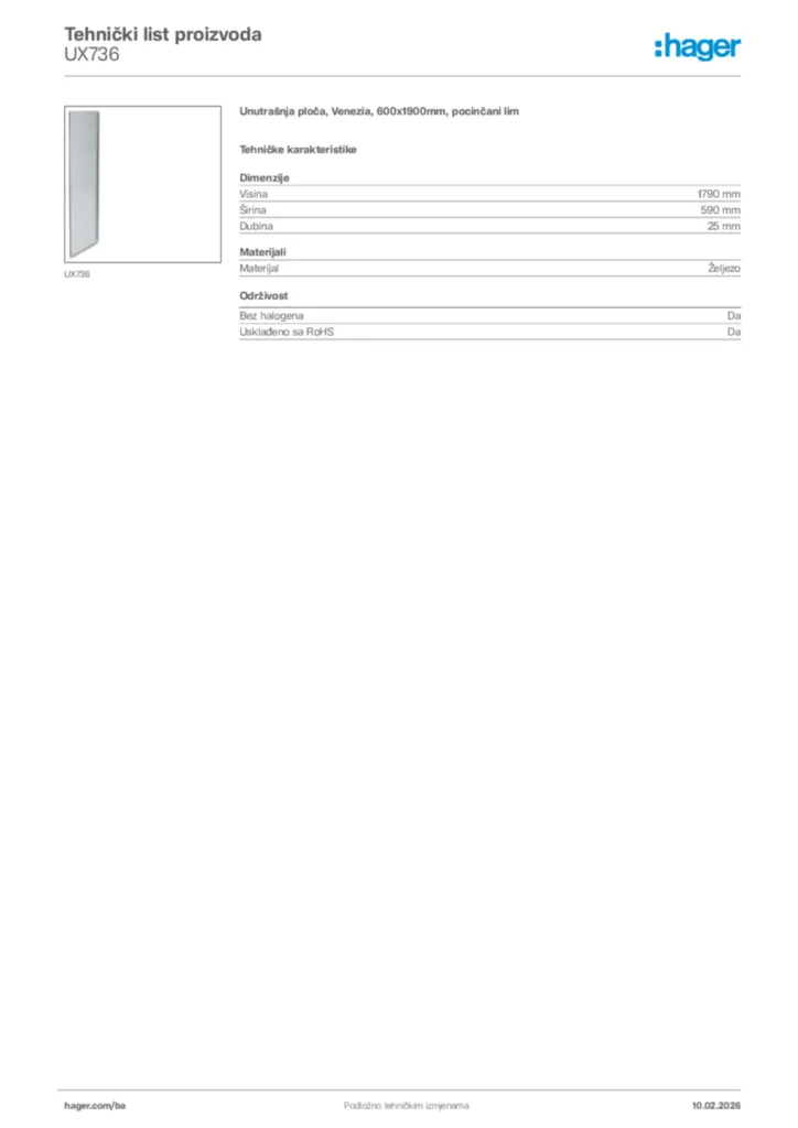 Slika Hager Tehnički list proizvoda UX736  | Hager