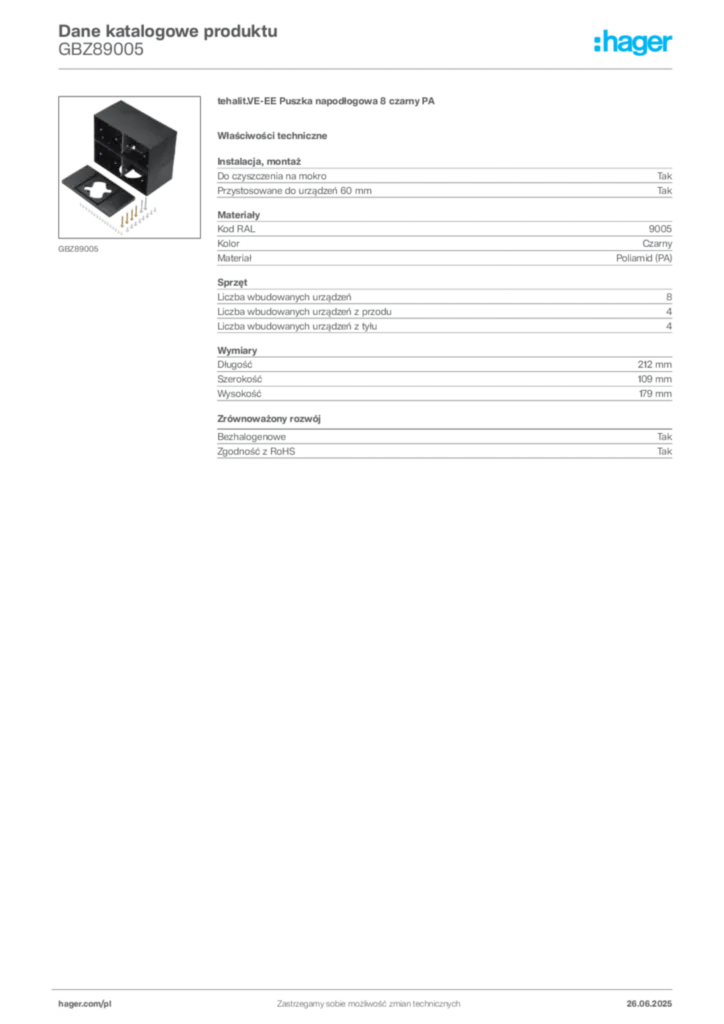 Zdjęcie Hager Karta katalogowa GBZ89005 | Hager Polska
