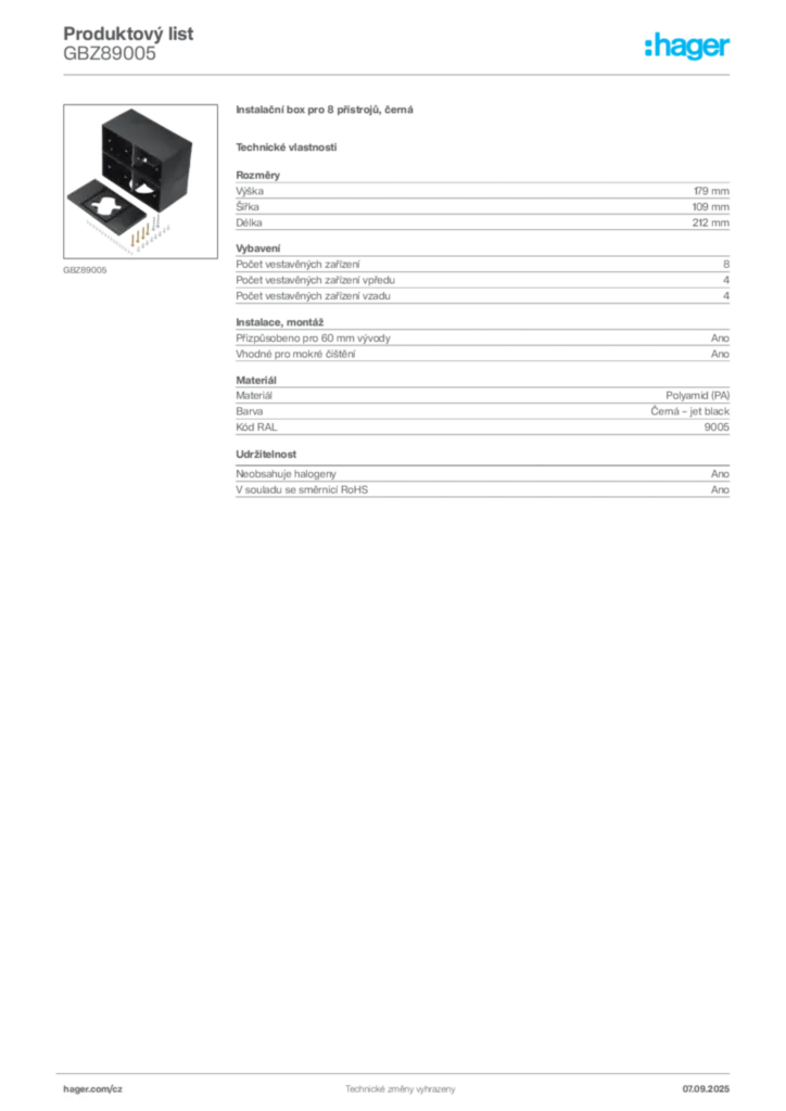 Obrázek Hager Produktový list GBZ89005 | Hager