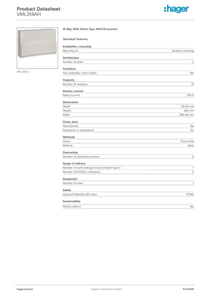 Image Hager Product data sheet VML314AH  | Hager