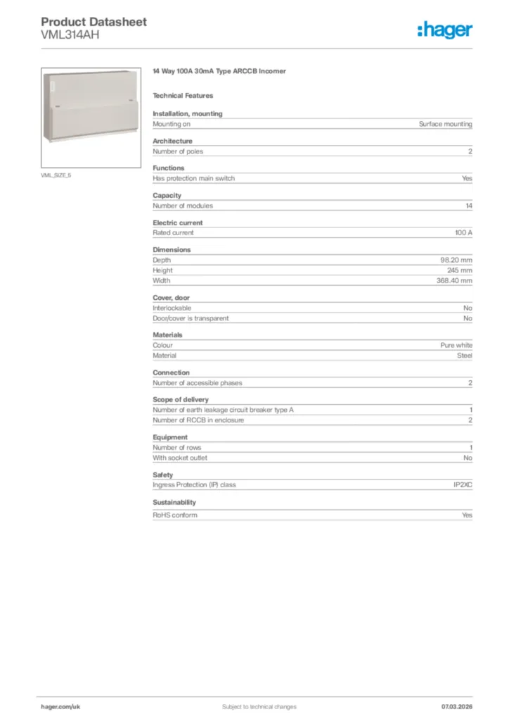 Image Hager Product data sheet VML314AH  | Hager
