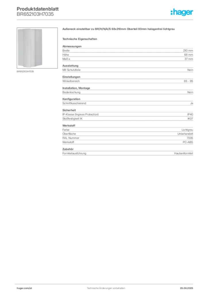 Bild Hager Produktdatenblatt BR652103H7035 | Hager Deutschland