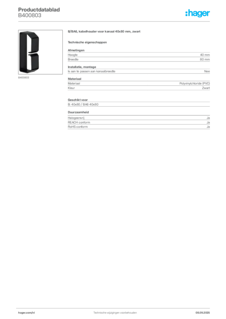 Afbeelding Hager Productdatablad B400803 | Hager Nederland