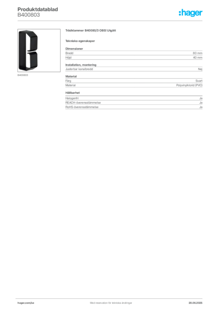 Bild Hager Produktdatablad B400803 | Hager Sverige