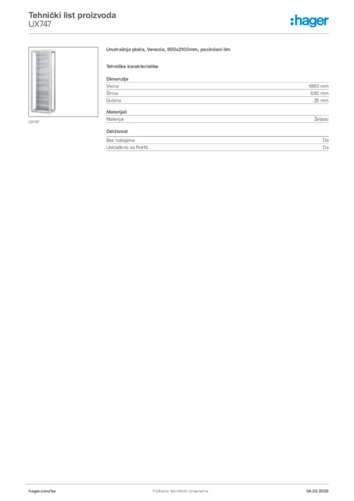 Slika Hager Tehnički list proizvoda UX747  | Hager