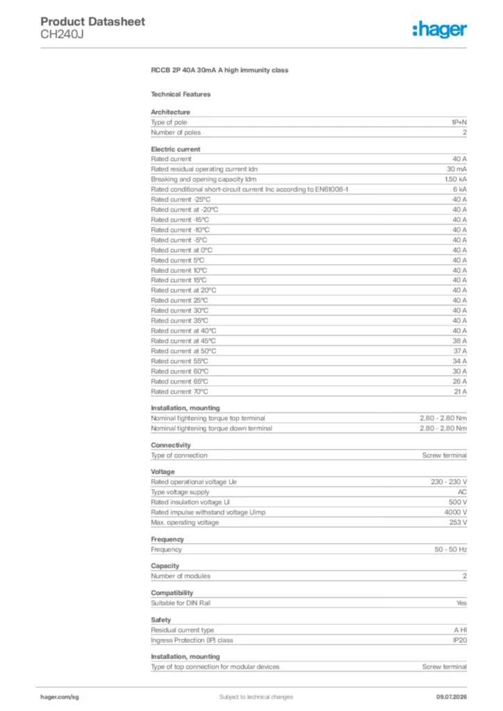 Image Hager Product data sheet CH240J  | Hager