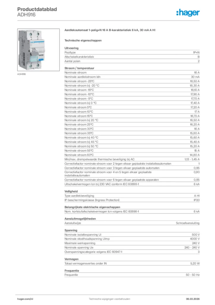 Afbeelding Hager Productdatablad ADH916 | Hager Nederland