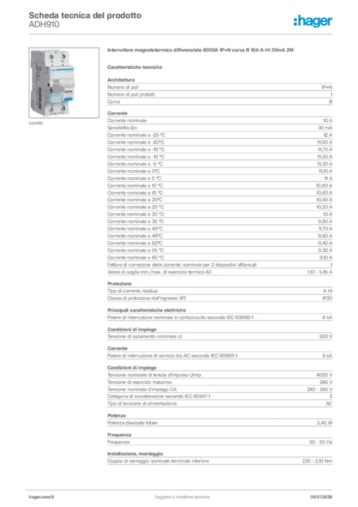 Immagine Hager Scheda tecnica del prodotto ADH910 | Hager Italia