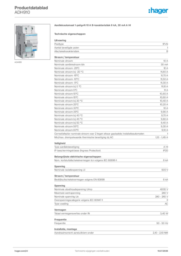 Afbeelding Hager Productdatablad ADH910 | Hager Nederland
