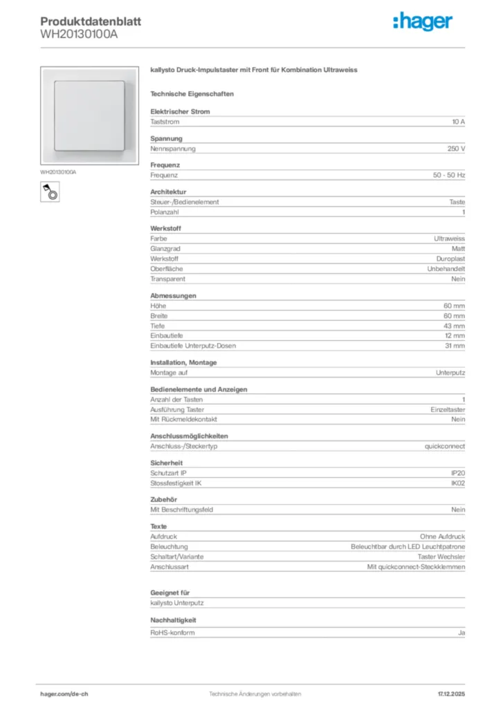 Bild Hager Produktdatenblatt WH20130100A | Hager Schweiz