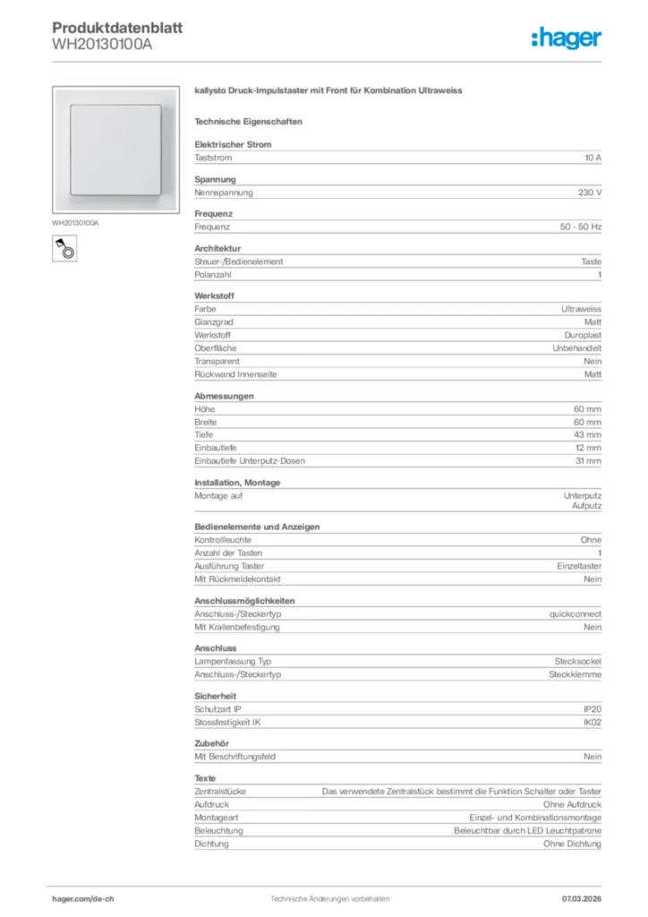 Bild Hager Produktdatenblatt WH20130100A | Hager Schweiz
