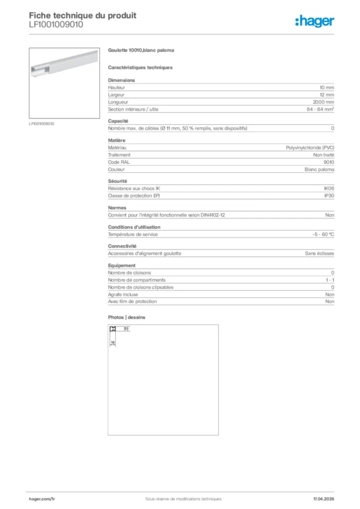 Image Hager Fiche technique du produit LF1001009010 | Hager France