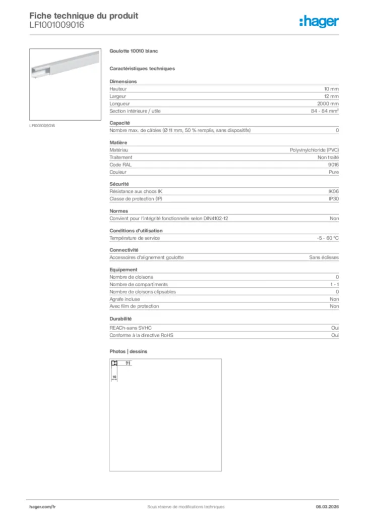Image Hager Fiche technique du produit LF1001009016 | Hager France