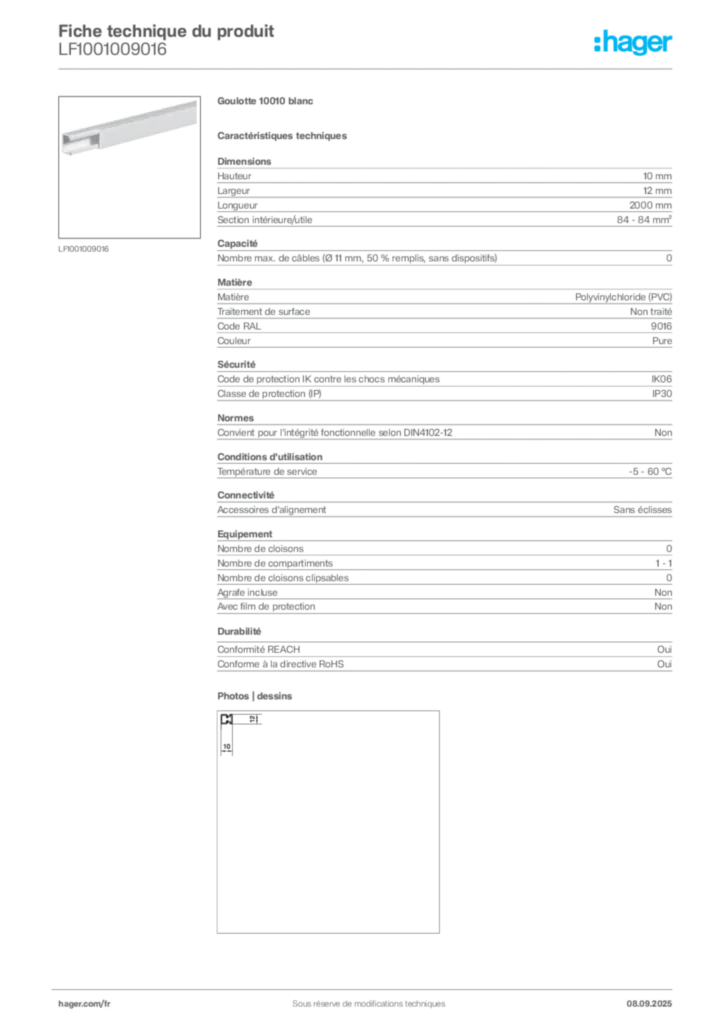Image Hager Fiche technique du produit LF1001009016 | Hager France