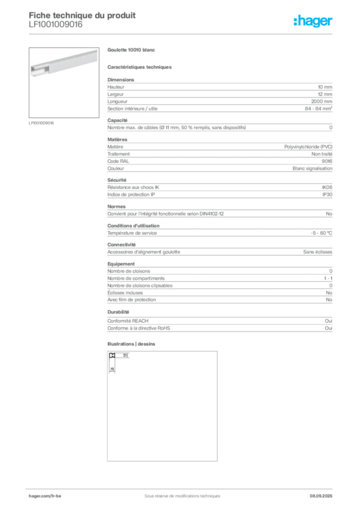 Image Hager Fiche technique du produit LF1001009016 | Hager Belgique