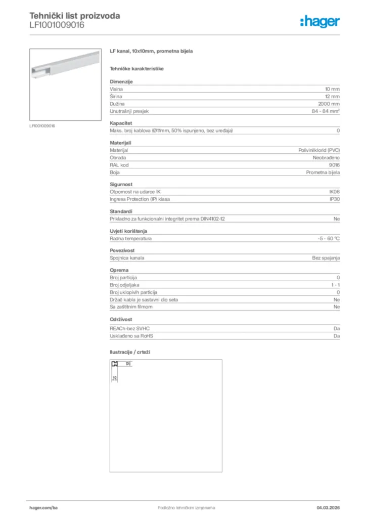 Slika Hager Tehnički list proizvoda LF1001009016  | Hager