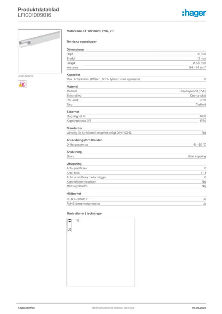 Bild Hager Produktdatablad LF1001009016 | Hager Sverige